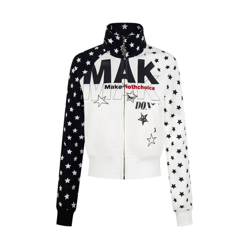 Women's cropped zip-up sweatshirt with stand-up collar, star print, and raglan sleeves Chichicherry