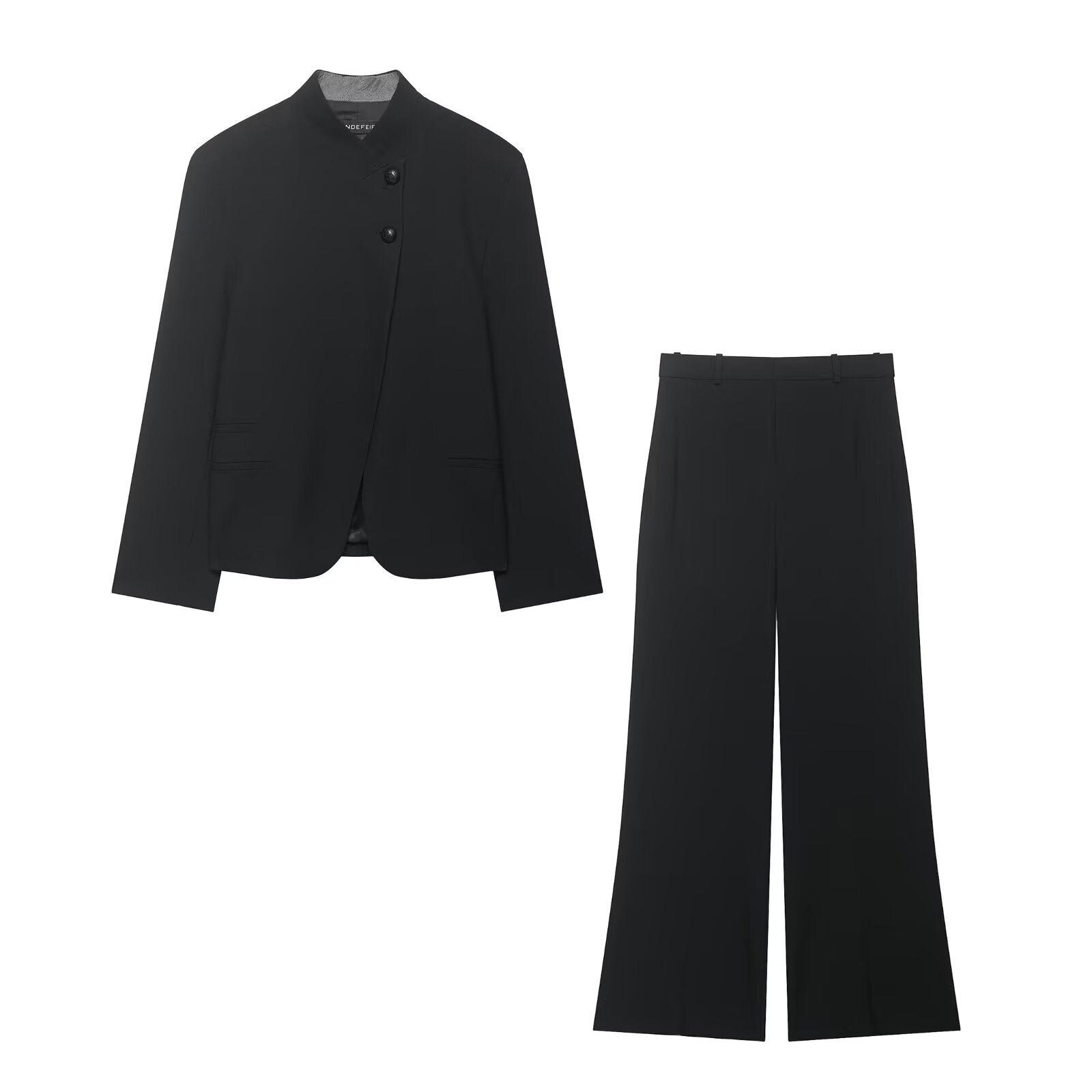 Women Two-Piece Suit Set with Short Blazer in Mandarin Collar and High-Waist Wide-Leg Pants Chichicherry