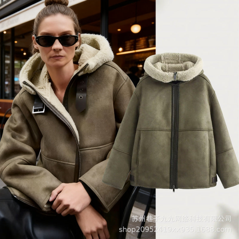 Women's Hooded Lambskin Imitation Bomber Jacket with Teddy Lining and Zip Chichicherry