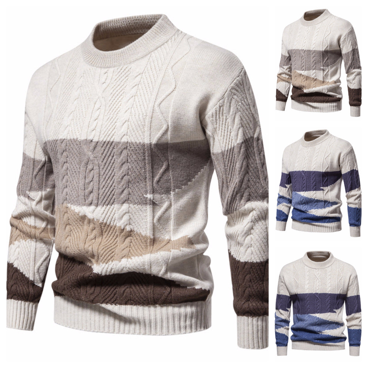 Men's Structured Colorblock Cable Knit Turtleneck Sweater in Cotton Blend Chichicherry