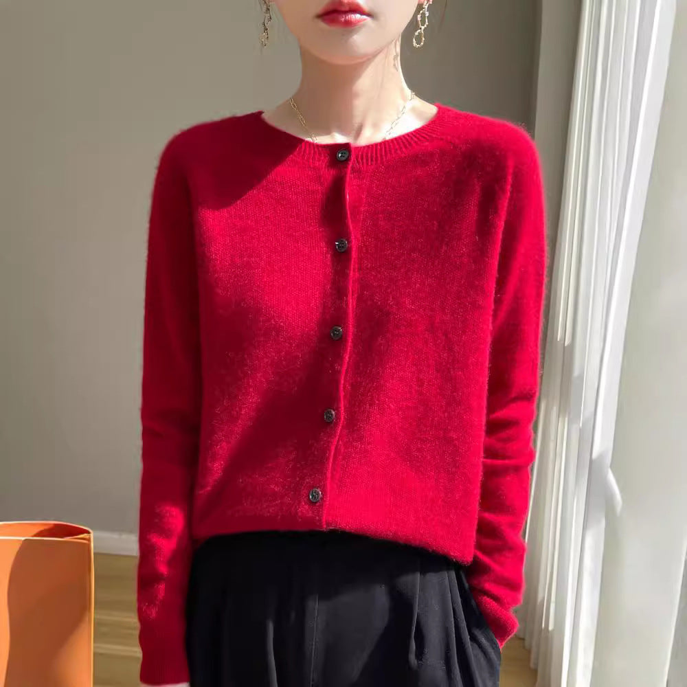 Women's Short-Cut Fine Knit Cardigan with Round Neckline and Shimmering Button Placket Chichicherry