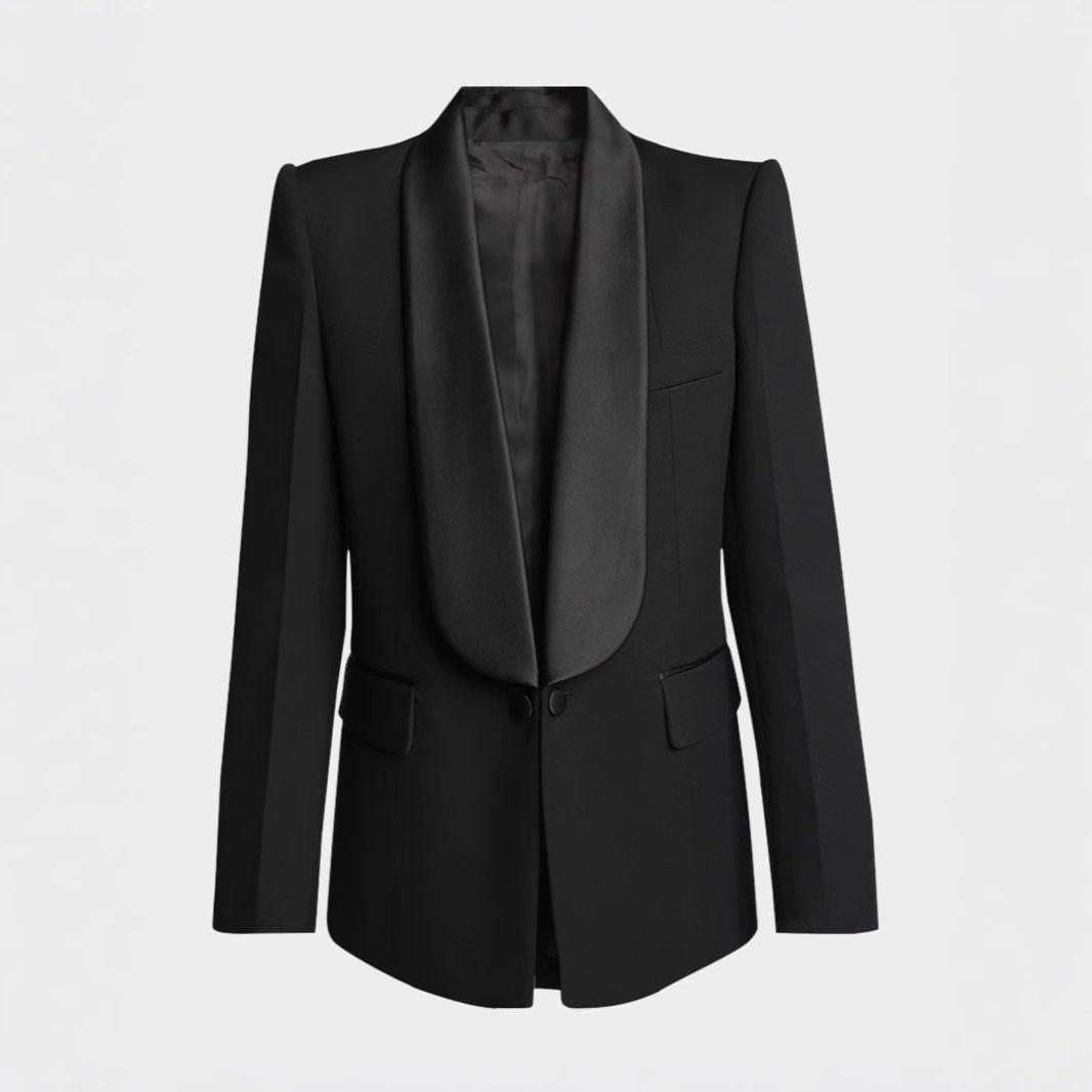 Women's Elegant Tuxedo Set with Satin Shawl Collar and Wide Palazzo Pants Cut Chichicherry
