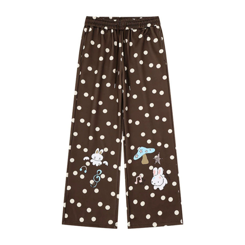 Women Wide Lounge Pants with Comfort Waistband, Polka Dot Allover and Playful Cartoon Print Chichicherry