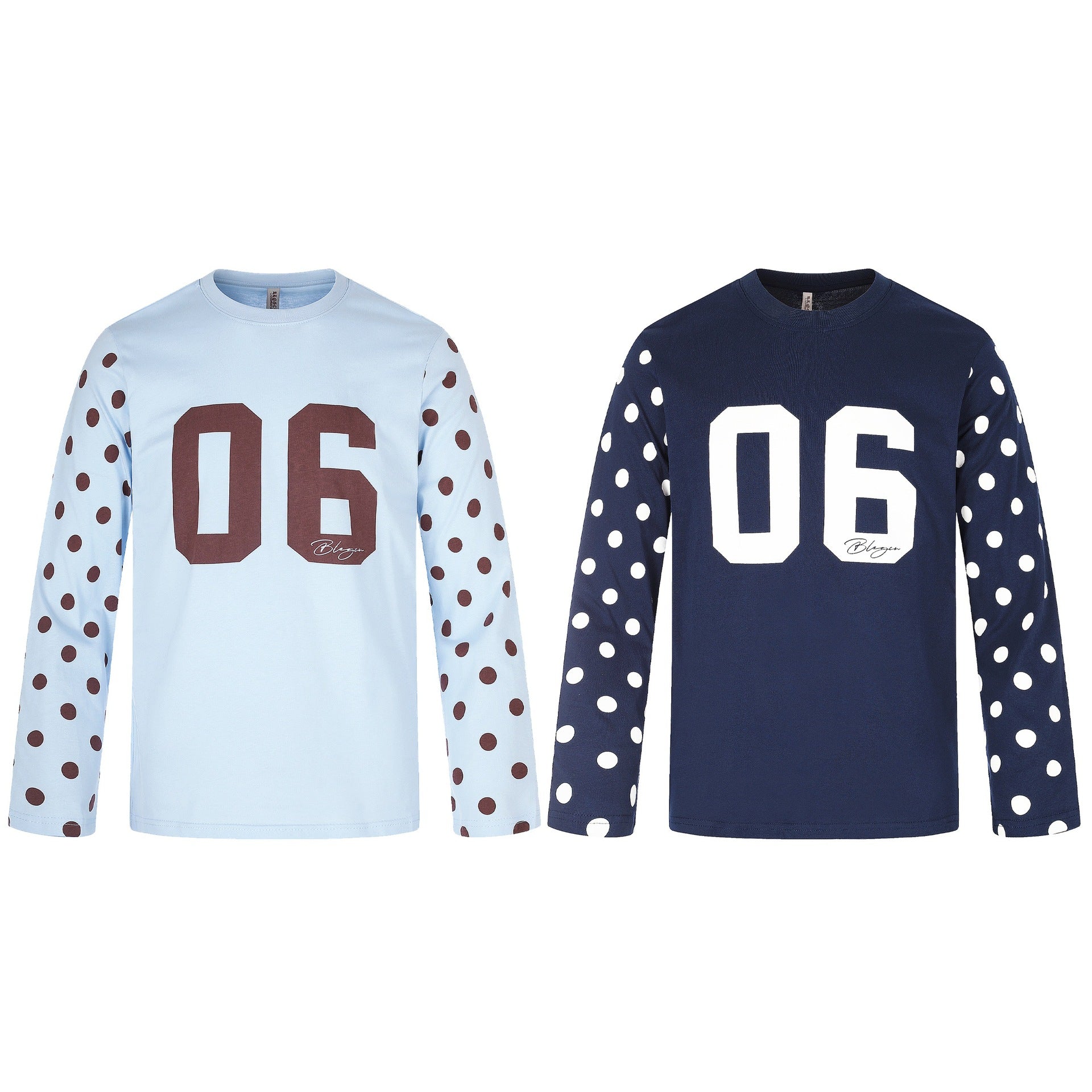 Ladies Long Sleeve Statement Shirt with Polka Dot Sleeves and Number Print Chichicherry