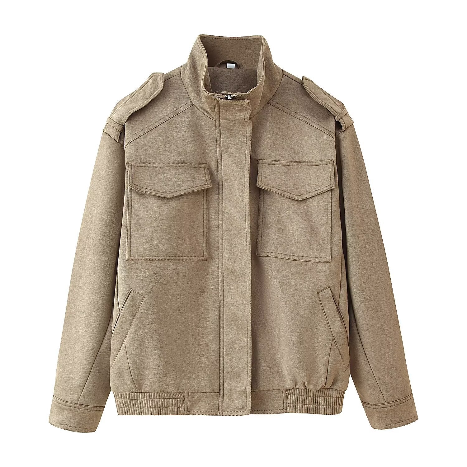 Ladies Utility Bomber Jacket with Epaulettes, Stand-Up Collar and Patch Pockets Chichicherry