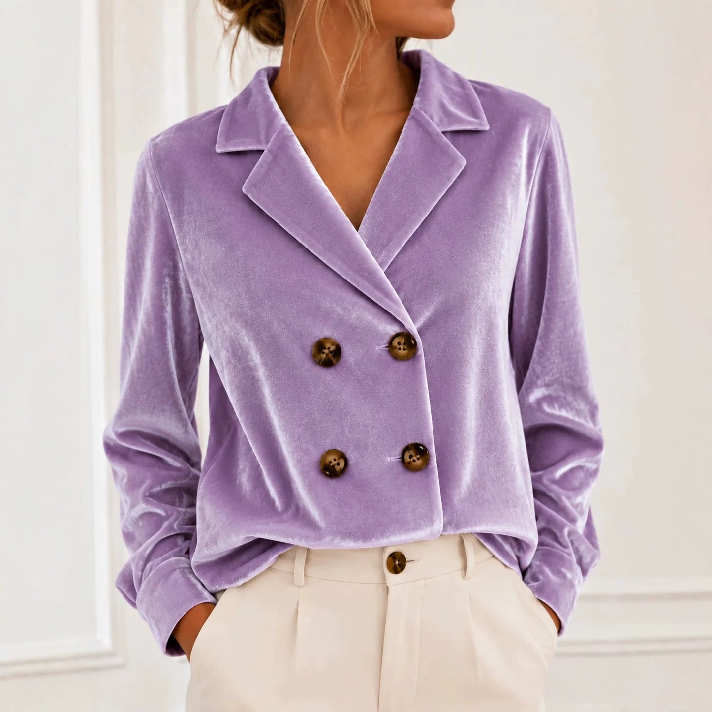 Women's Short-Cut Double-Breasted Velvet Blazer with Soft Buttons Chichicherry