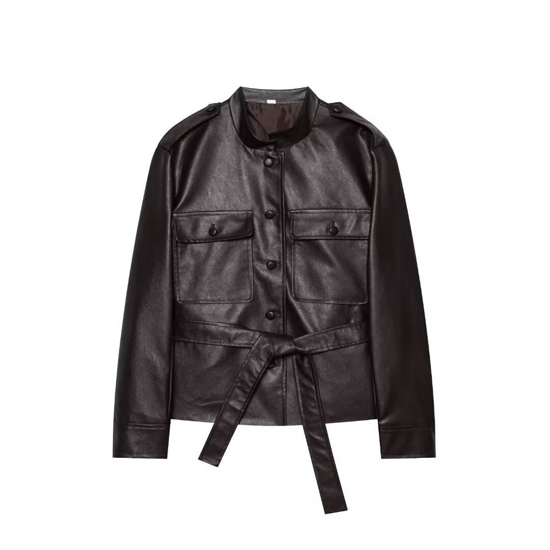 Women Cropped Safari Jacket made of vegan leather with tying belt and epaulettes Chichicherry