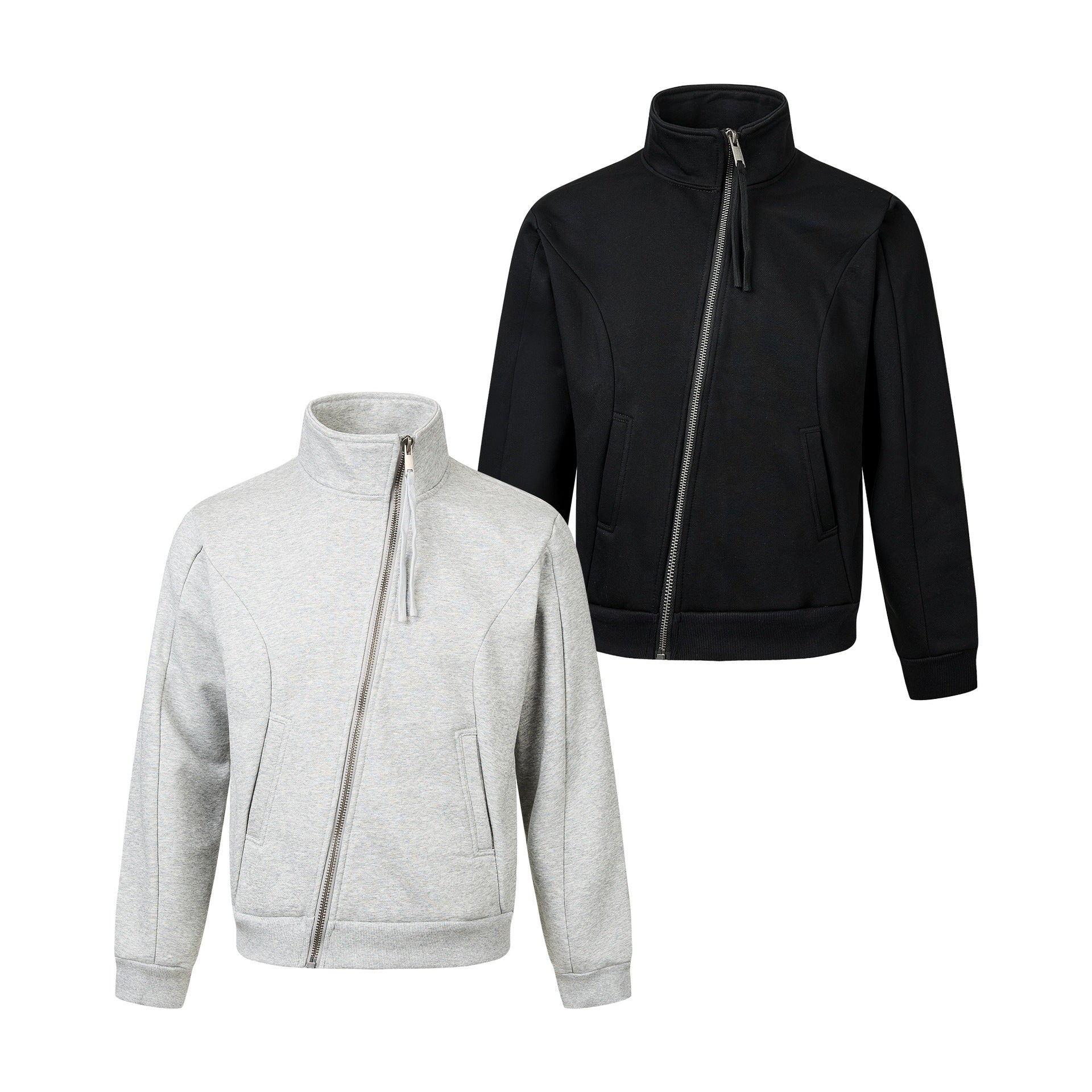 Unisex Short-cut Sweat Jacket with High Stand-up Collar and Asymmetrical Zipper Chichicherry