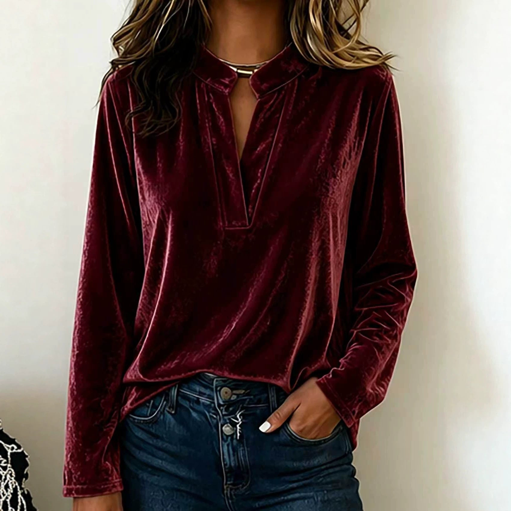 Women's velvet blouse with stand-up collar, deep V-neck and loose long sleeve cut Chichicherry