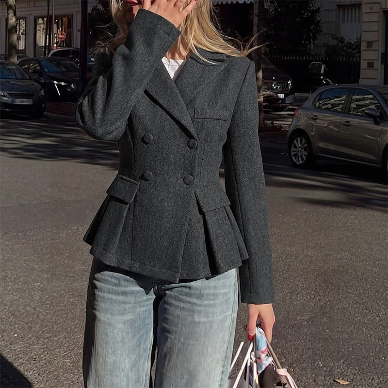 Women's Tailored Double-Breasted Blazer with Peplum, Pleats & Patch Pockets Chichicherry