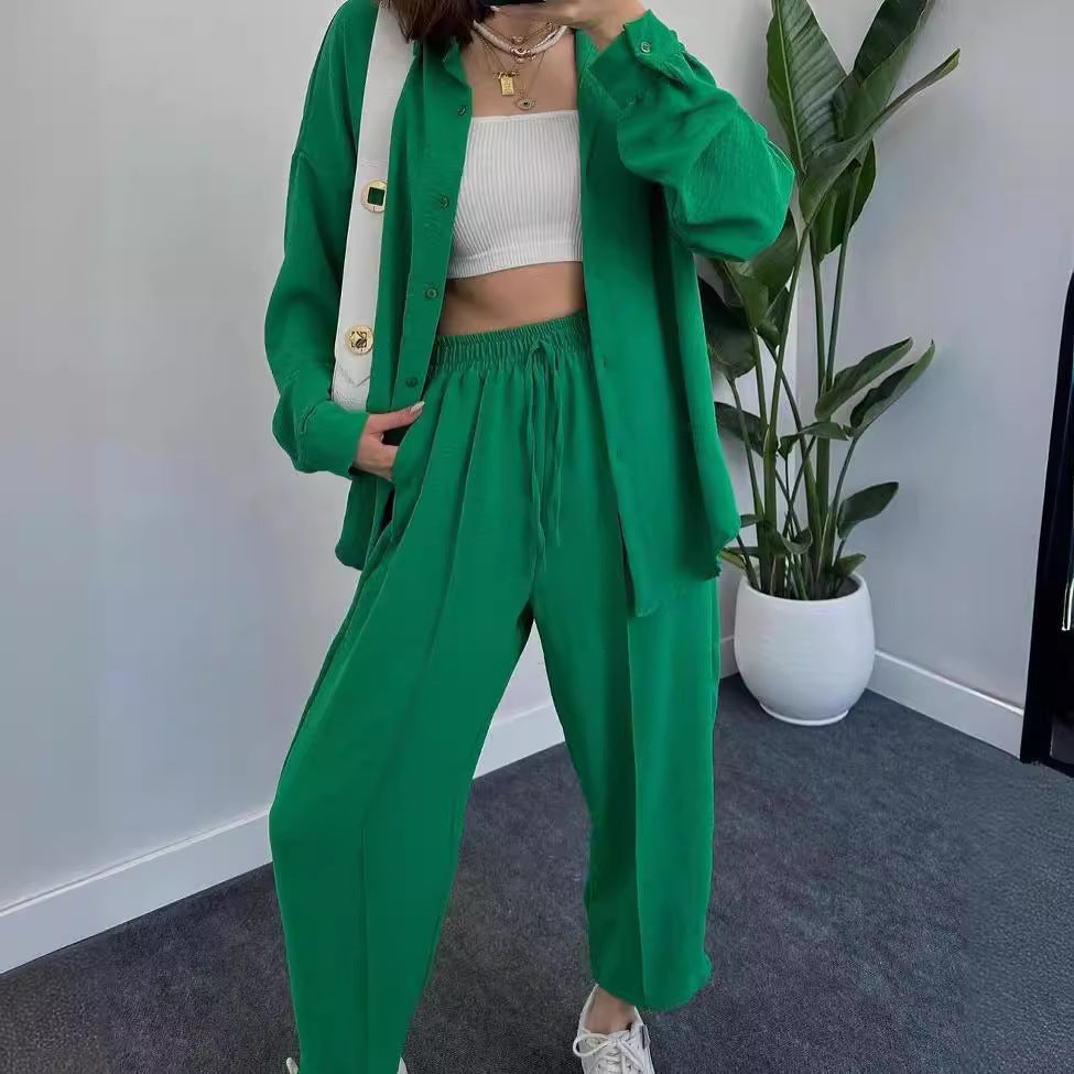 Damen Lässiges zweiteiliges Lounge-Set aus Crêpe mit Oversize-Hemd und hohem Elastikbund Chichicherry