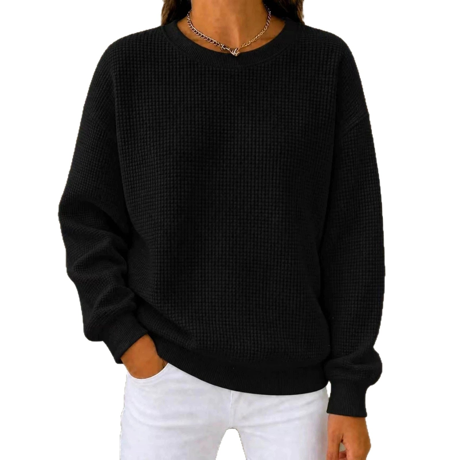 Women's Loose Waffle Knit Sweatshirt with Round Neck and Ribbed Cuffs Chichicherry
