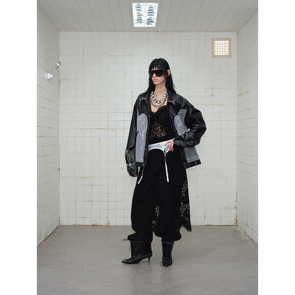 Unisex Boxy Blouson made of faux leather and wool blend with Western embroidery Chichicherry