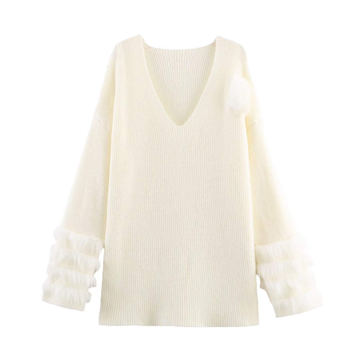 Ladies fine knit mini dress with deep V-neckline and layered faux fur sleeves Chichicherry