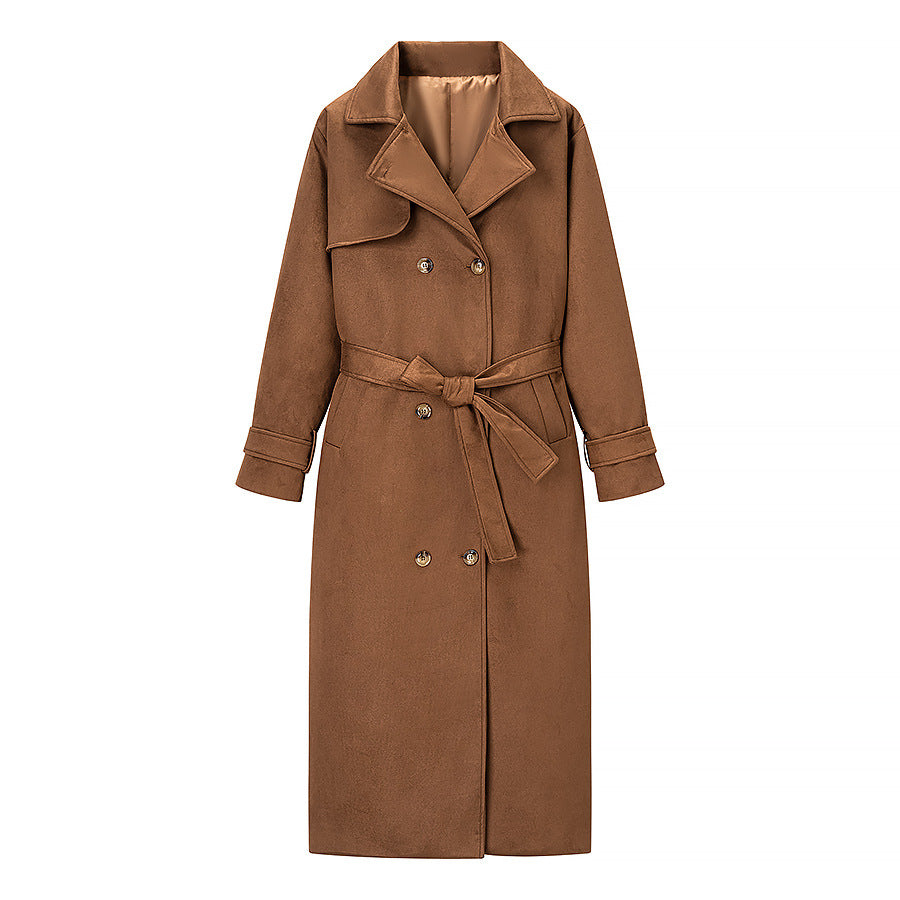 Women Long Double-breasted Coat in Trench Coat Style with Waist Belt and Sleeve Tabs Chichicherry