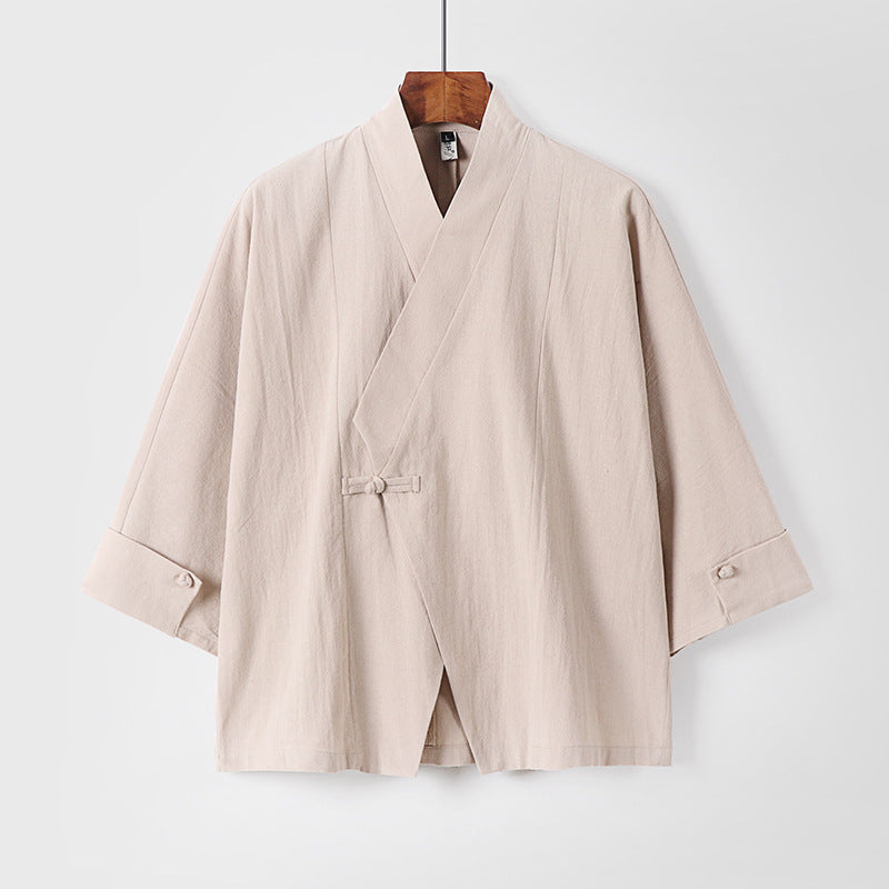 Men's Linen Kimono Jacket with Traditional Knot Closure and Medium-Length Sleeves Chichicherry