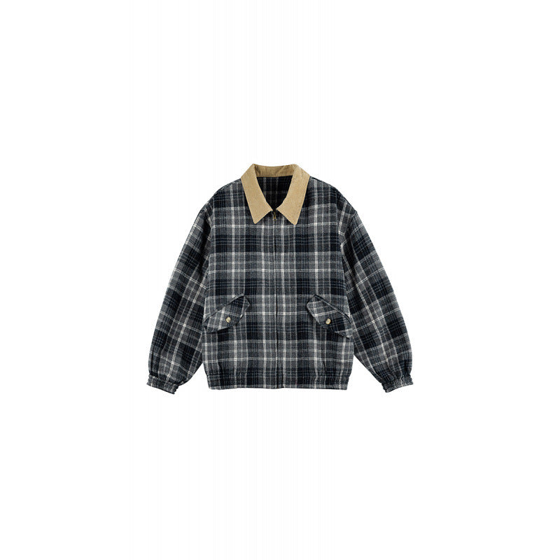 Unisex Checkered Boxy Over Shirt Jacket with Corduroy Collar, Concealed Zipper and Patch Flap Pockets Chichicherry