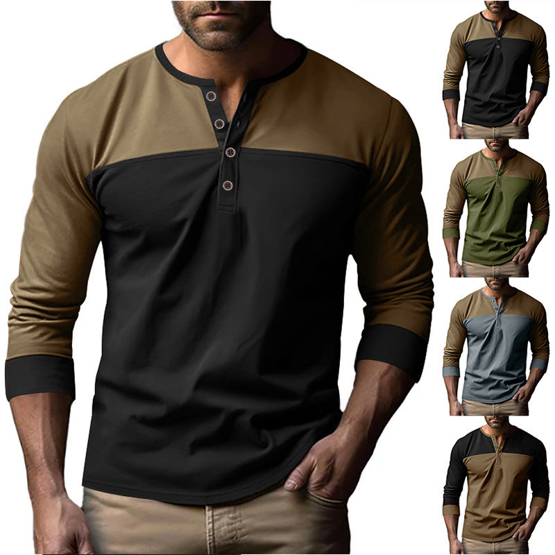 Men's Modern Henley Shirt with Color Block Shoulder and Half Button Placket Chichicherry