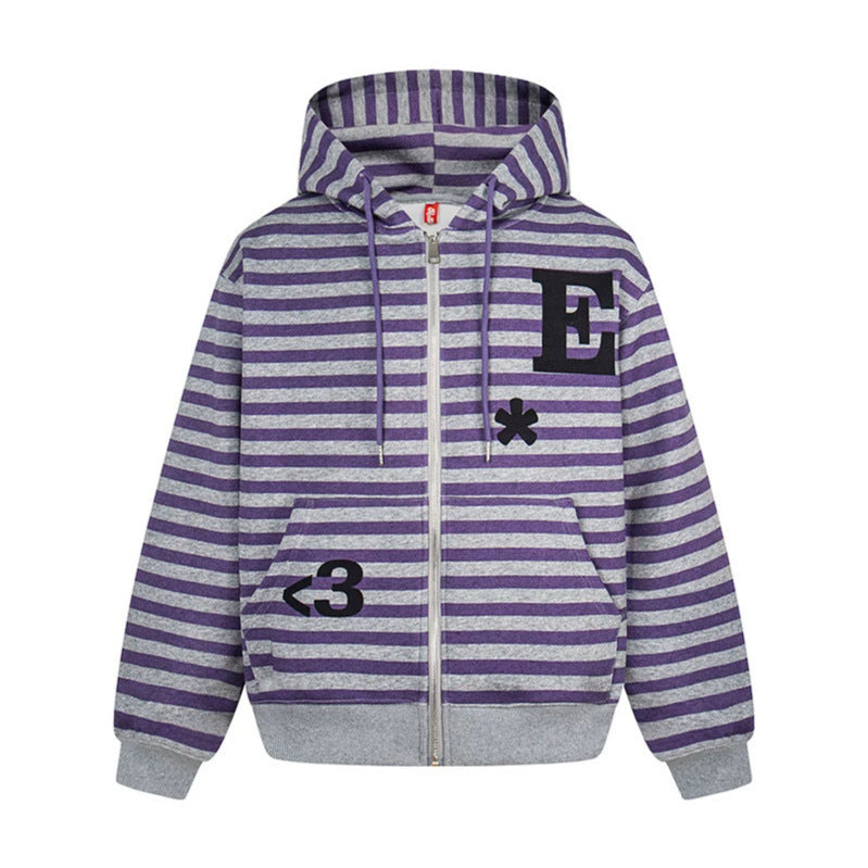 Women's oversized striped hooded sweatshirt jacket with full-length zipper and typographic front print Chichicherry