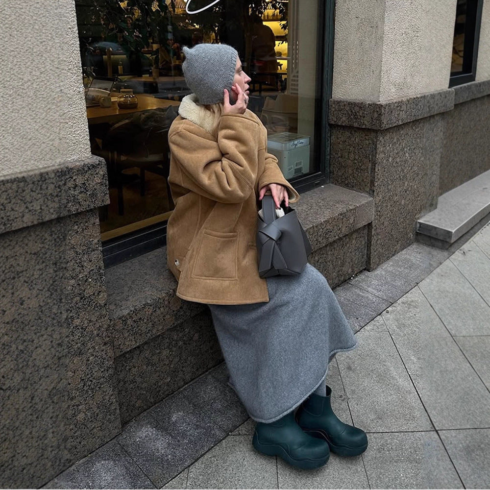 Women's Boxy Lambskin Look Coat with Folded Teddy Collar Chichicherry