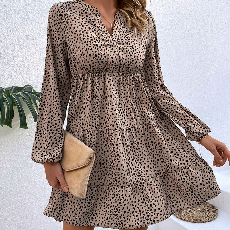Women's Airy Tiered Chiffon Dress with V-Neck, Smock Waist and Subtle Animal Print Chichicherry