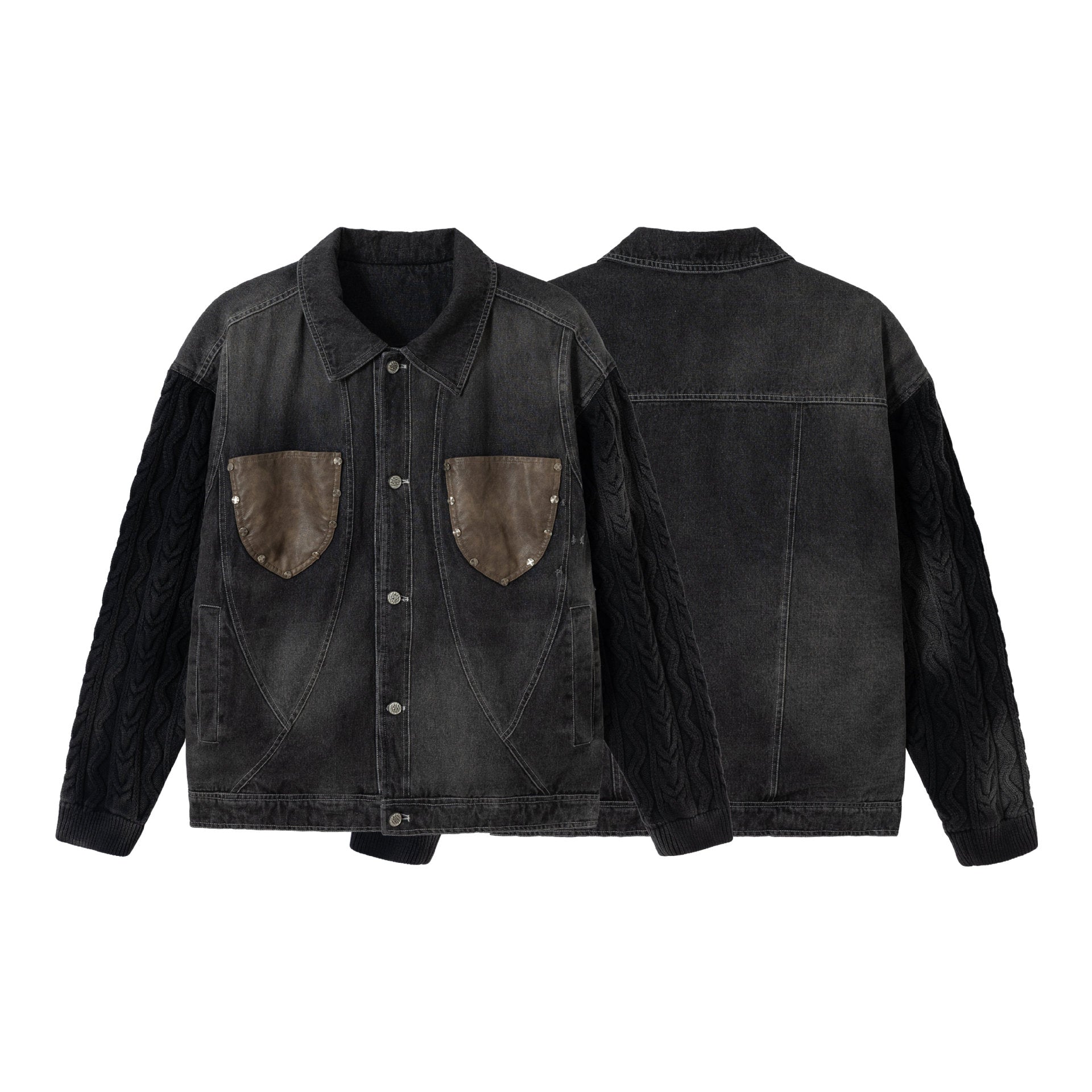 Men's denim jacket with applied leather chest pockets and cable knit sleeves Chichicherry
