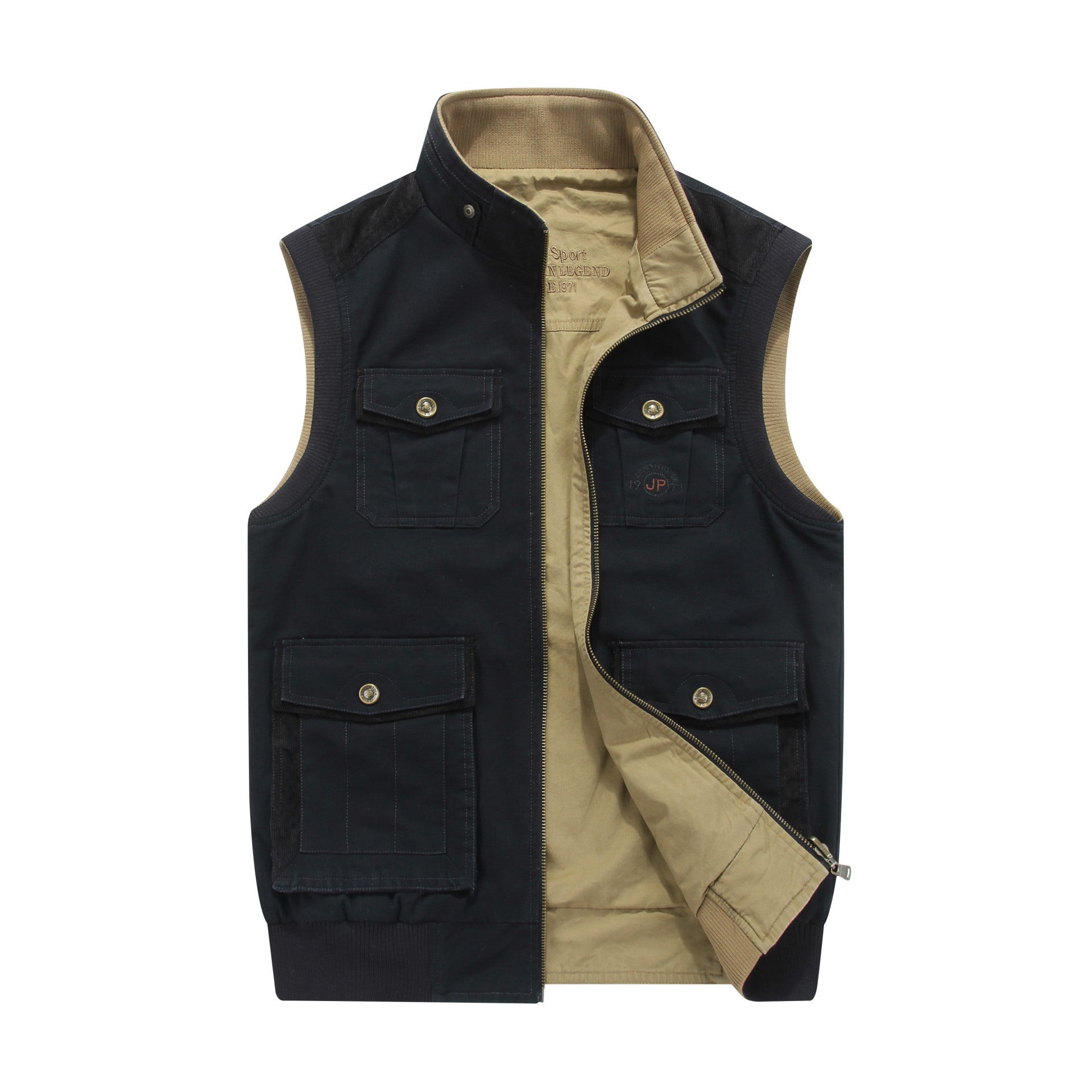 Men's Canvas Utility Vest with Multiple Pockets Stand Collar and Zipper Chichicherry