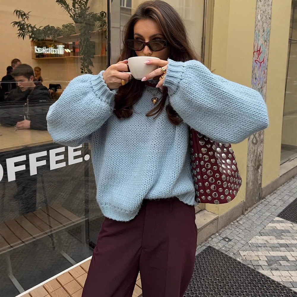 Women Oversize Chunky Knit Sweater with Balloon Sleeves and Wide Ribbed Collar Chichicherry