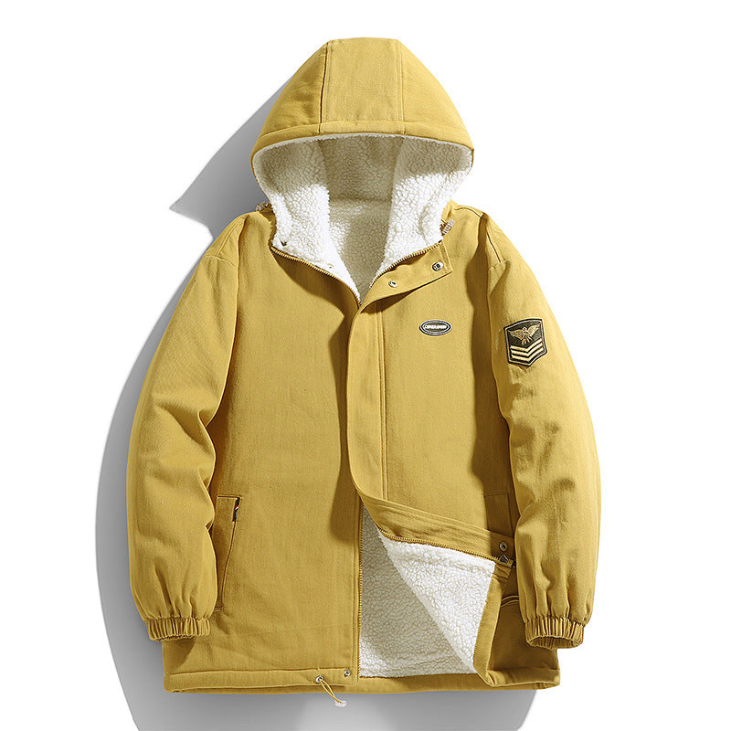 Men's Hooded Canvas Parka with Teddy Fleece Lining and Military Patch Chichicherry
