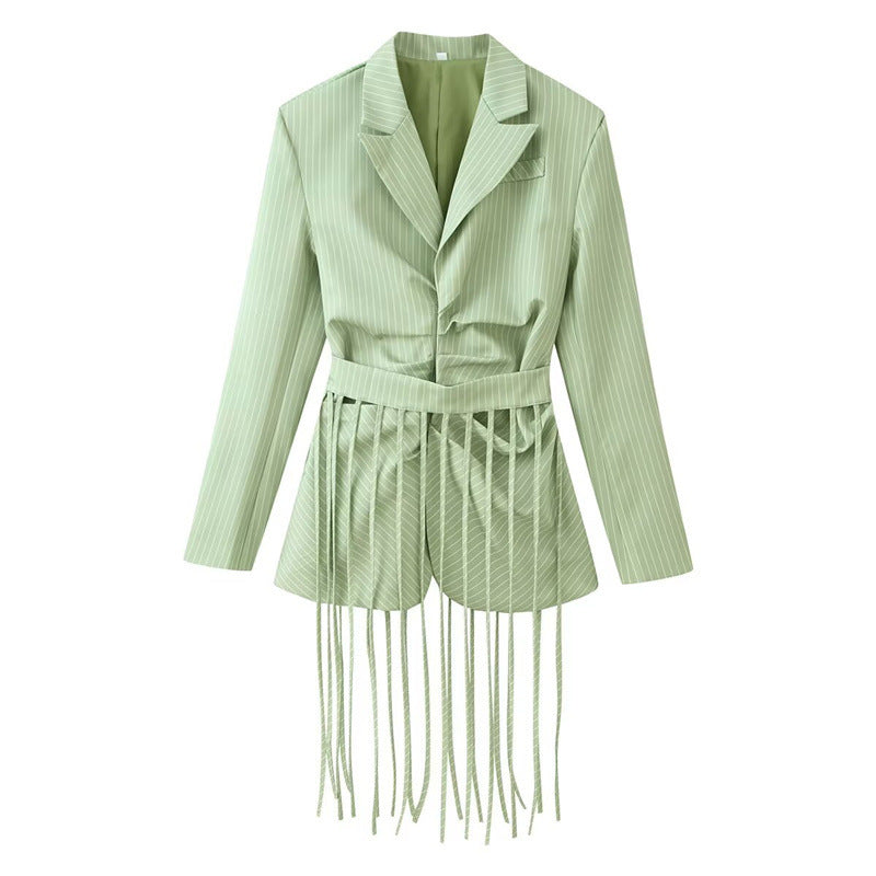 Women's tailored blazer with fringe hem and pinstripes Chichicherry