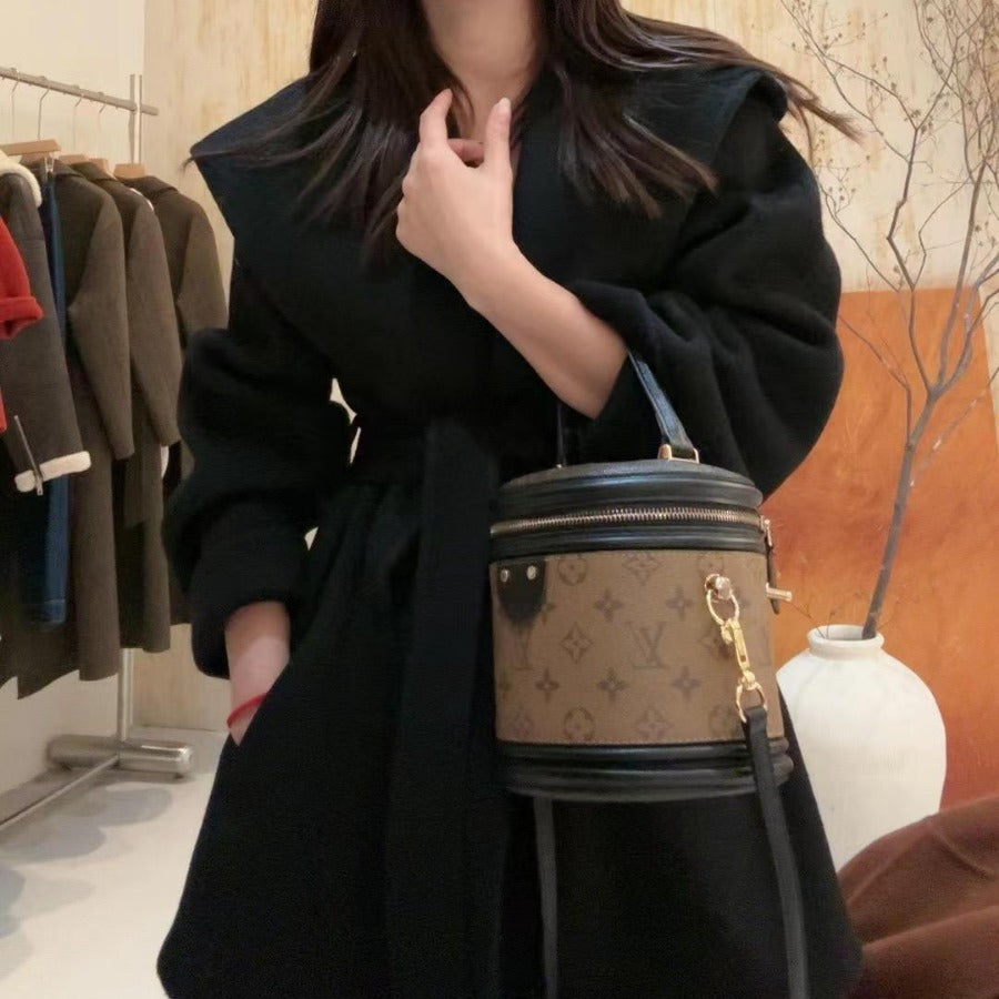 Women's Short Wool Coat with Waist Belt and Oversized Sleeves Chichicherry