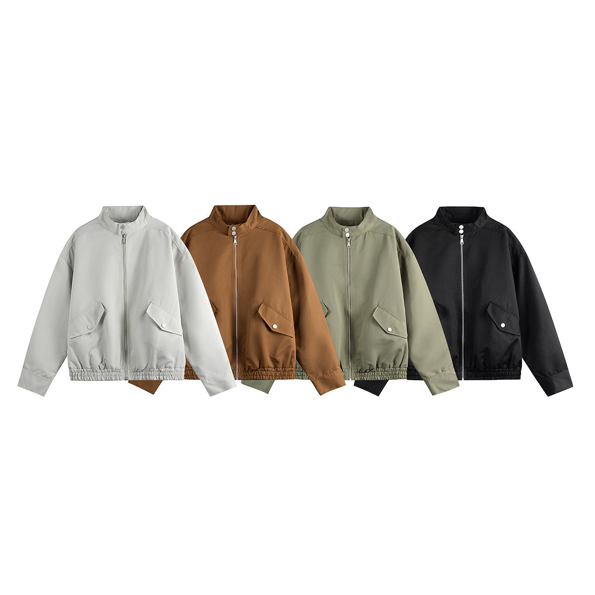 Unisex Boxy Bomber Jacket in Workwear Look with Stand-Up Collar and Flap Pockets Chichicherry