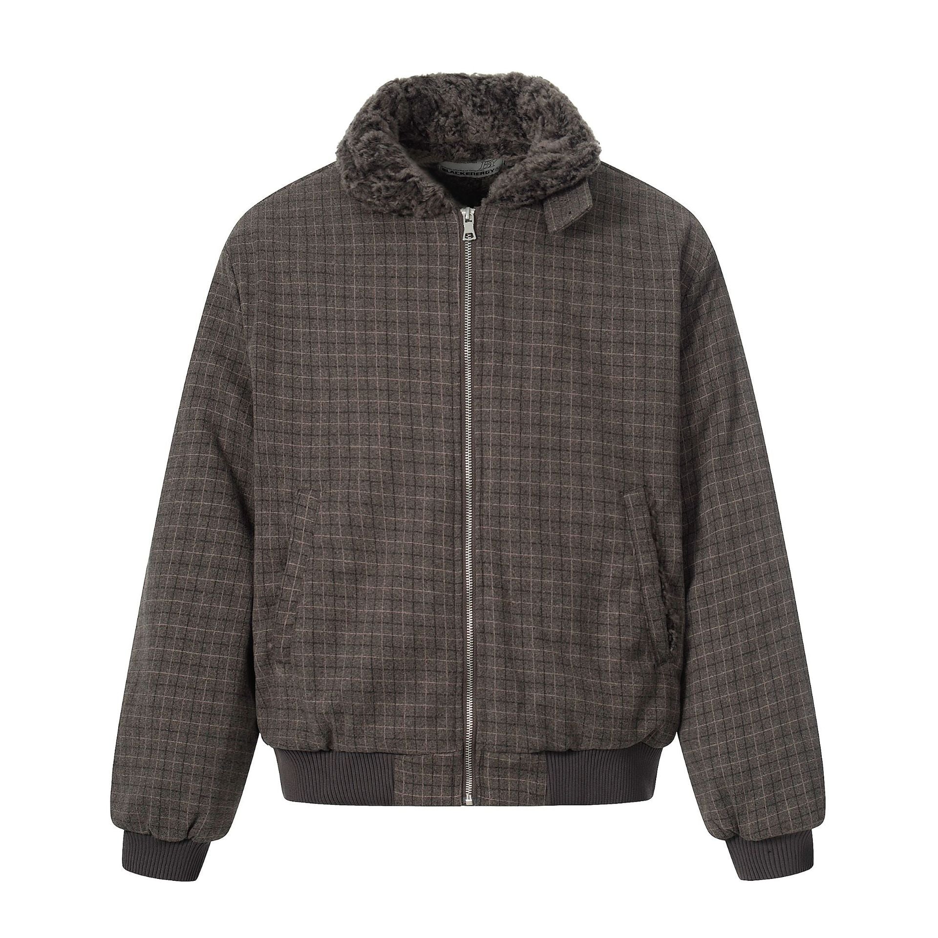 Men's Short Boxy Blouson in Wool Blend with Teddy Collar and Check Quilting Chichicherry