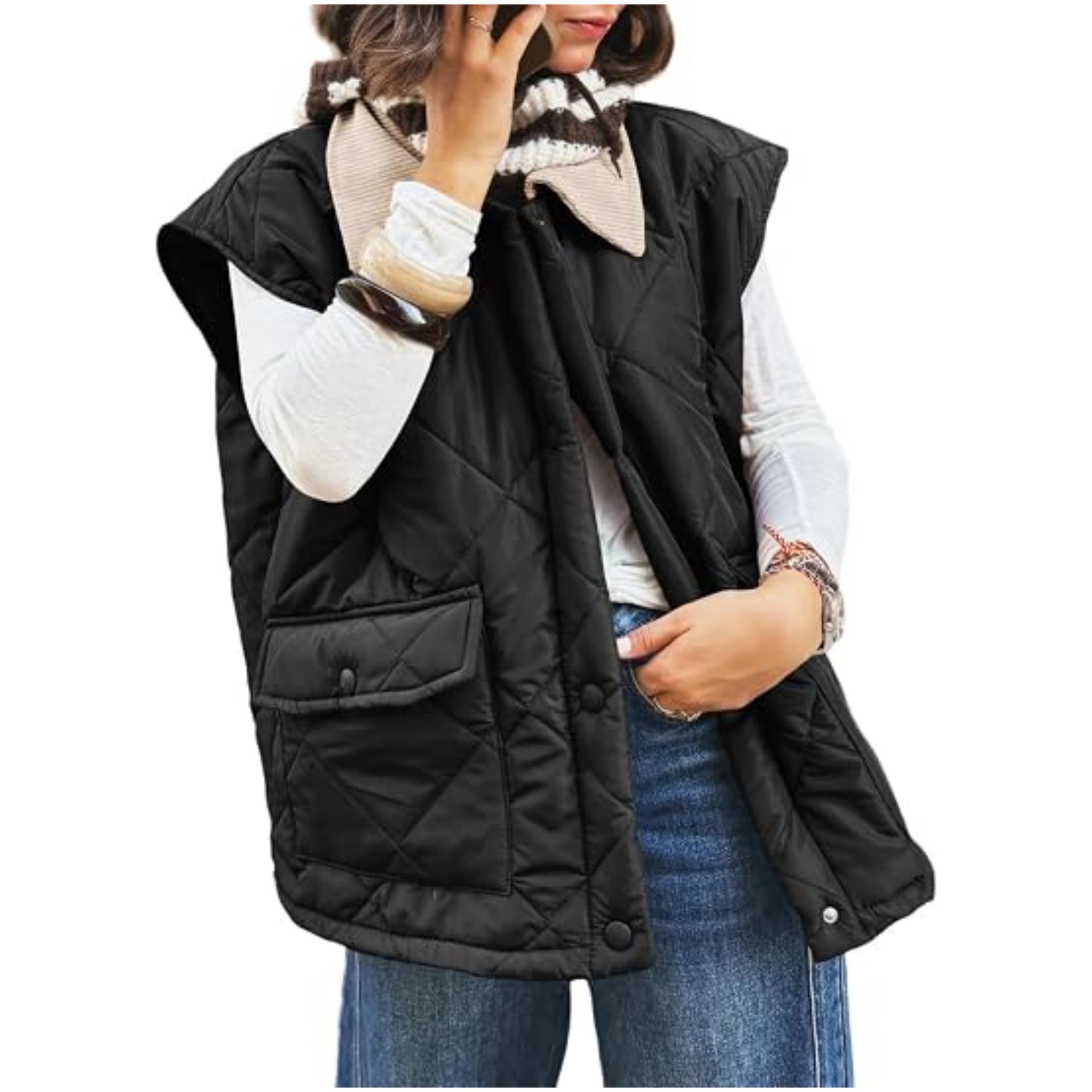 Women's Oversize Padded Vest with Snap Pockets and High Collar Chichicherry