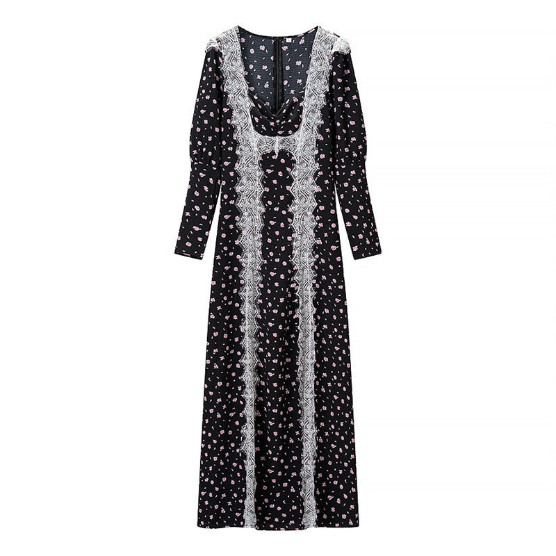 Women's Long Sleeve Maxi Dress with Lace Trimmings, Deep V-Neck and Floral All-Over Print Chichicherry
