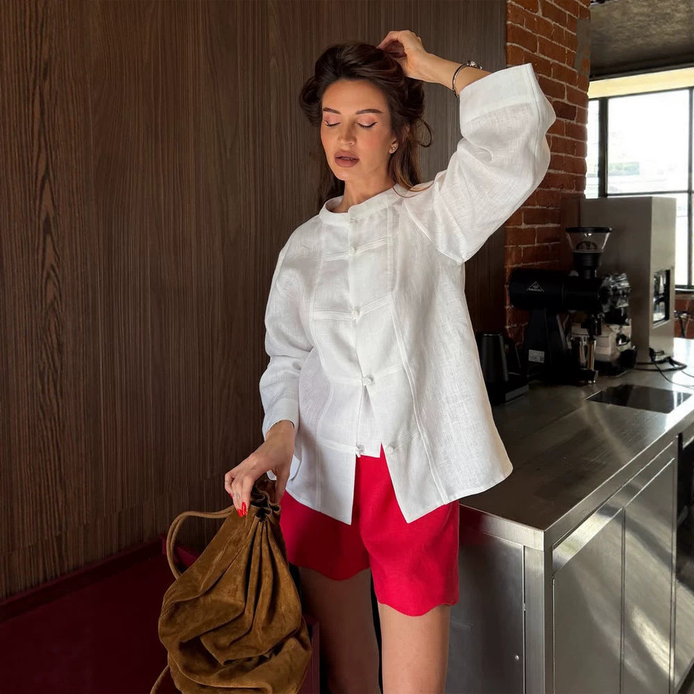 Women Oversized Linen Blouse with Mandarin Collar, Concealed Button Placket and Three-Quarter Sleeves Chichicherry