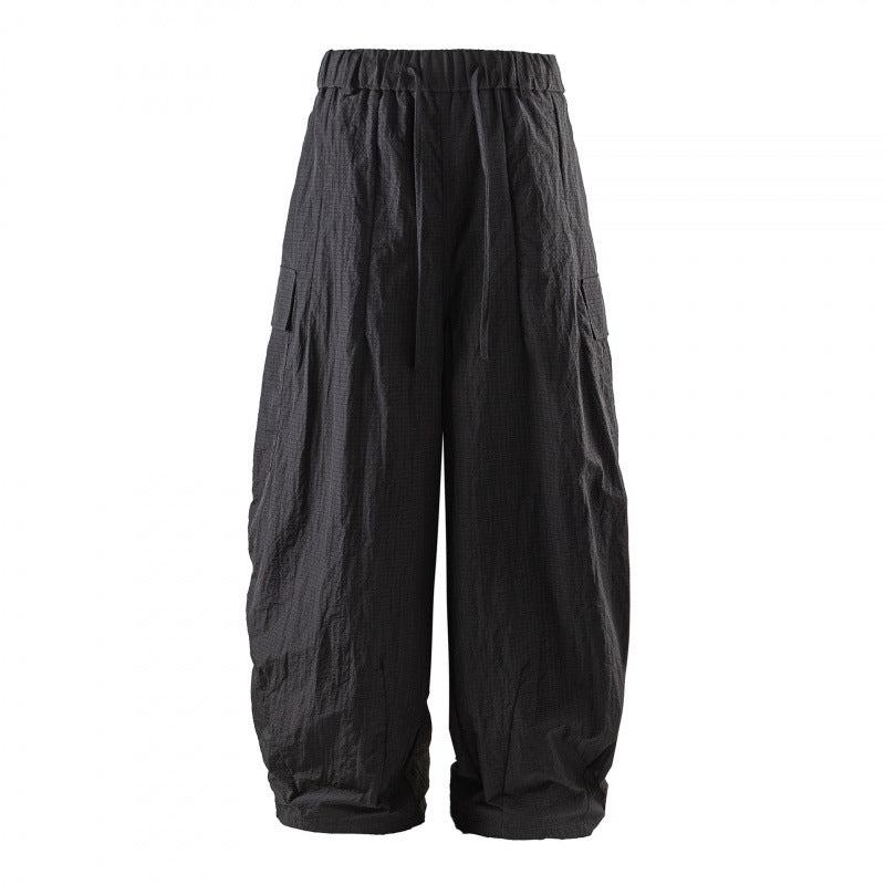 Unisex Wide Cropped Cargo Pants with Elastic Waistband, Drawstring and Overlay Pockets Chichicherry