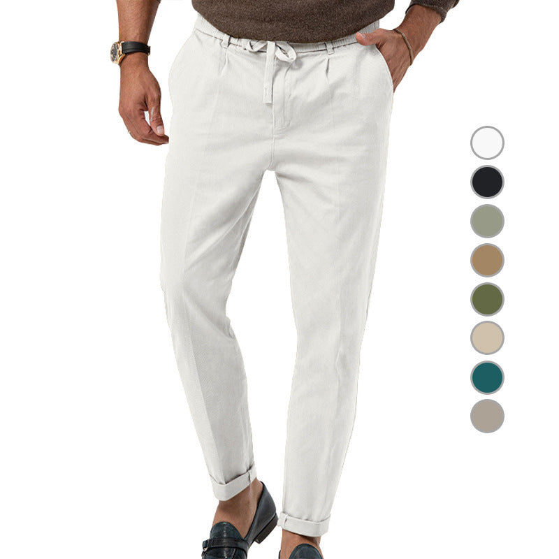 Men's Tapered Linen-Cotton Pants with Elastic Waistband, Drawstring and Cuffs Chichicherry