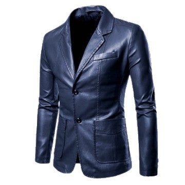 Men's Elegant Slim-Fit Faux Leather Blazer with Notched Lapel, Two-Button Placket & Flap Pockets Chichicherry