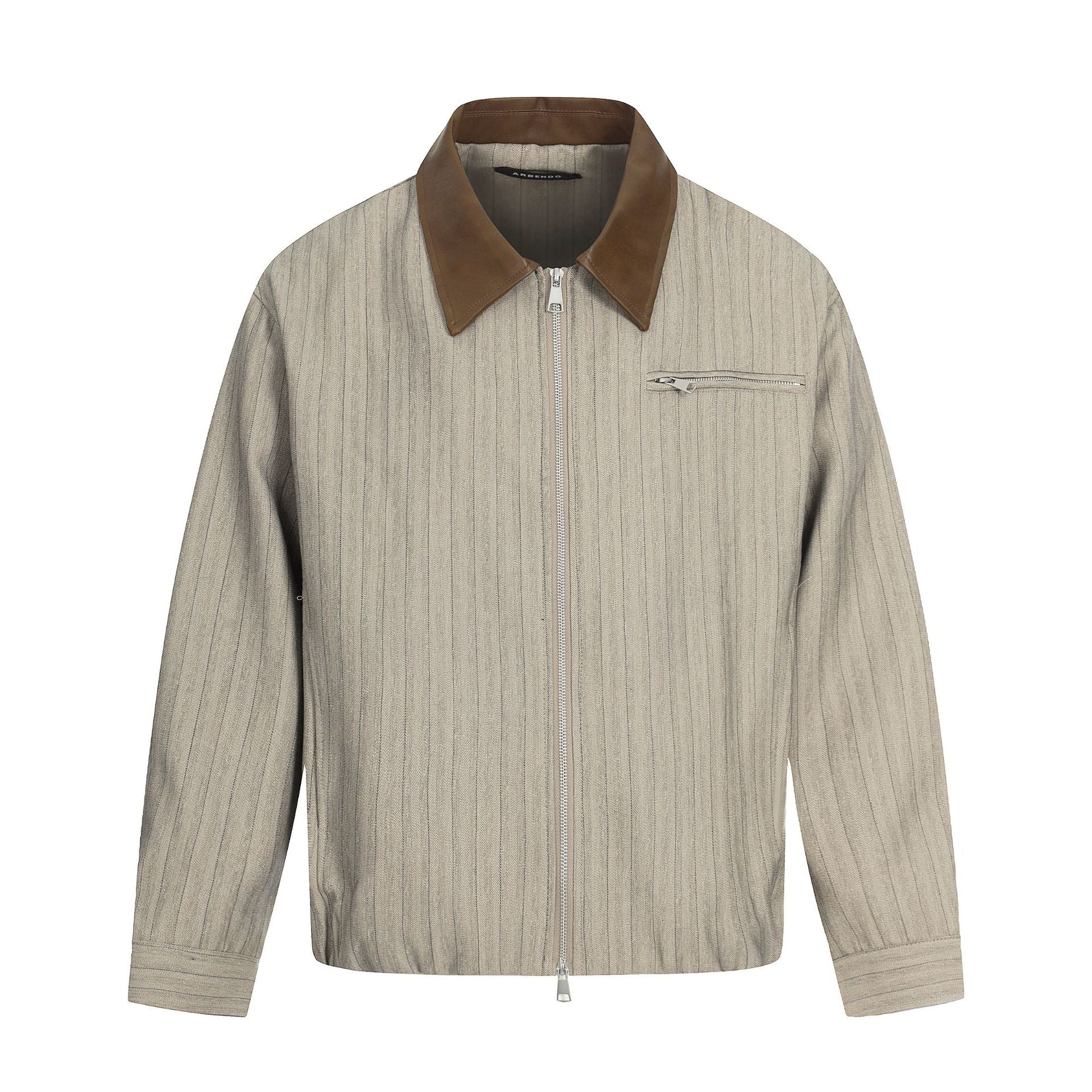 Men's Short Boxy Blouson Jacket in Linen Look with Leather Collar Chichicherry