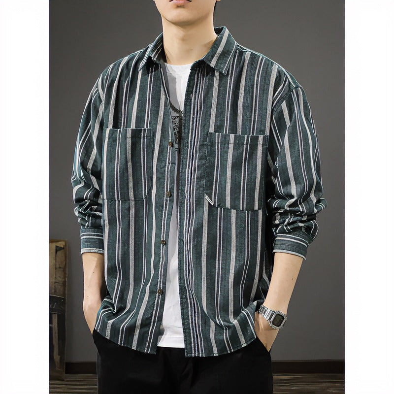 Herren Oversized Breitcord-Hemdjacke mit vertikaler Streifenstruktur und aufgesetzten Brusttaschen Chichicherry