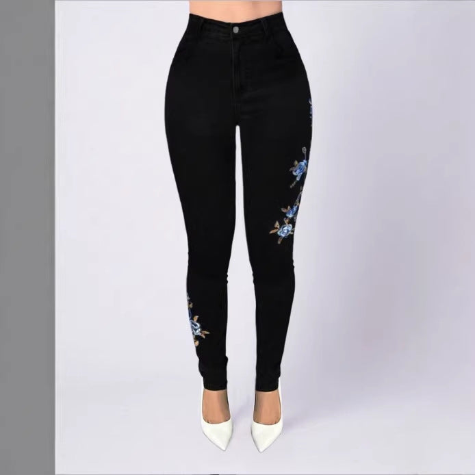 Women High-Waisted Sculpting Skinny Jeans with Side Floral Embroidery Chichicherry