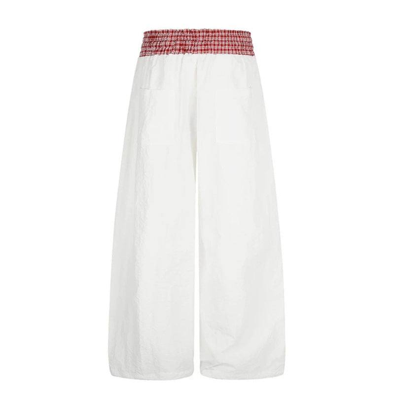 Women's Palazzo Lounge Pants with High Drawstring Waist, Checkered Comfort Waistband and Star Applique Chichicherry