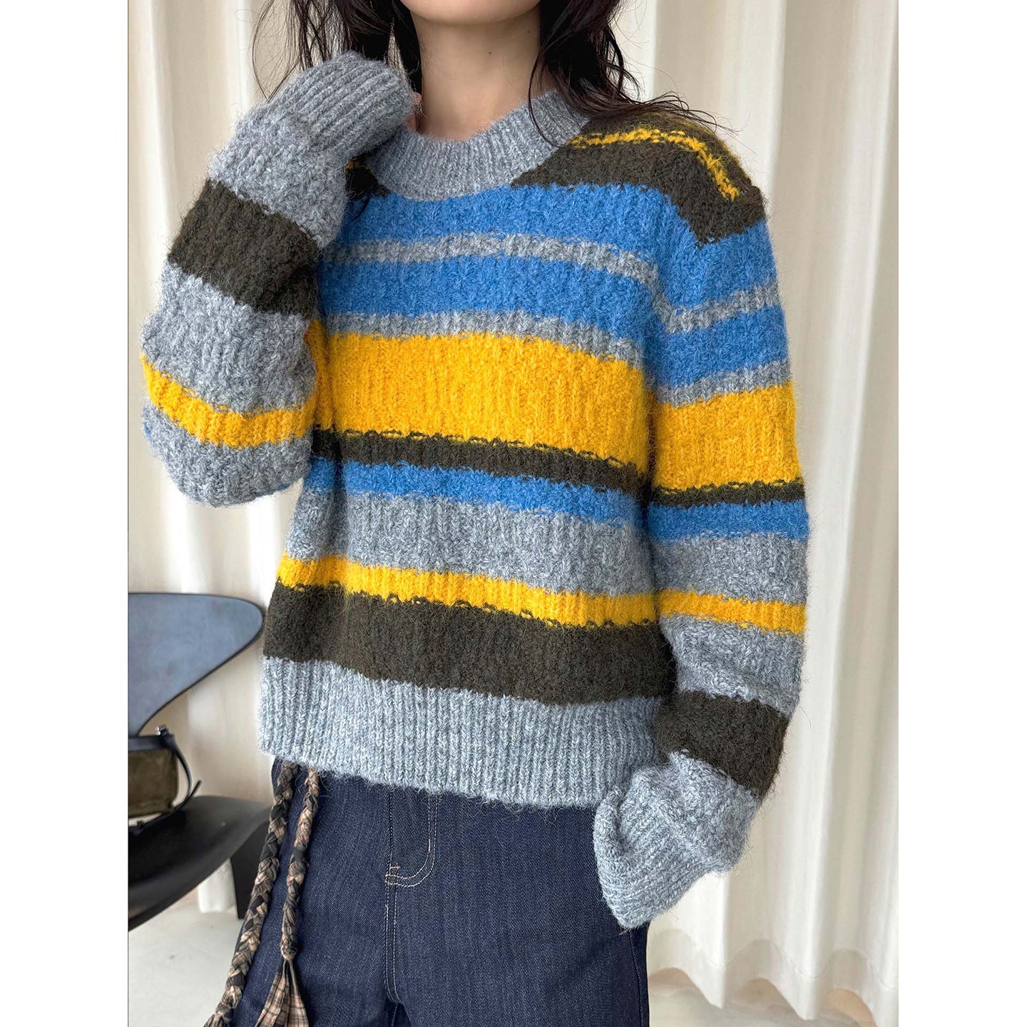 Women’s Oversize Striped Sweater made of Alpaca Blend with Marled Plush Yarn Chichicherry