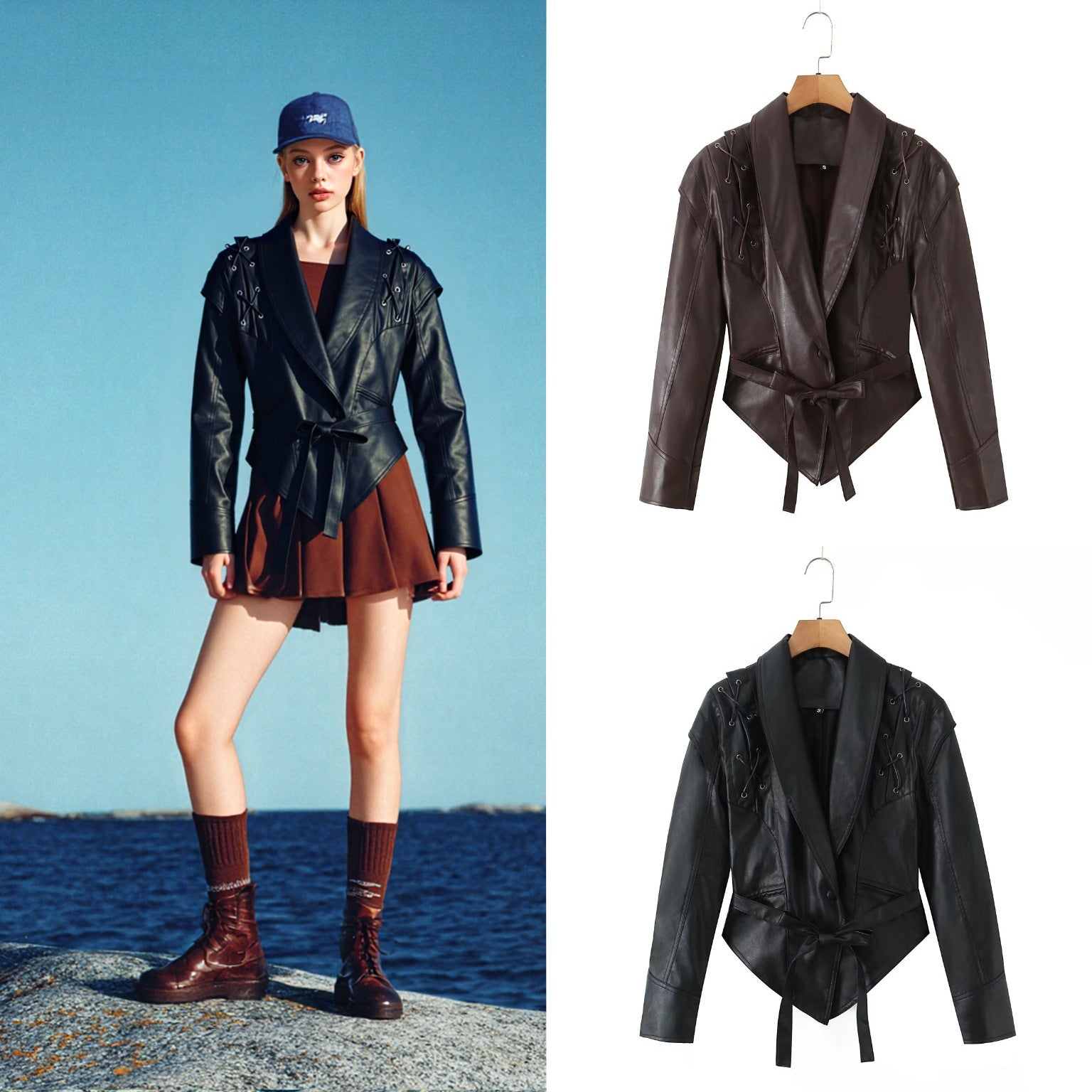 Women's tailored faux leather blazer with lacing details at the shoulders and tie belt Chichicherry