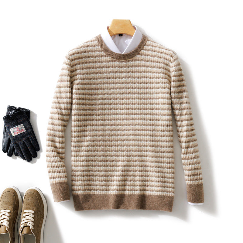 Men's fine-structured striped round neck pullover made of wool blend with ribbed cuffs Chichicherry
