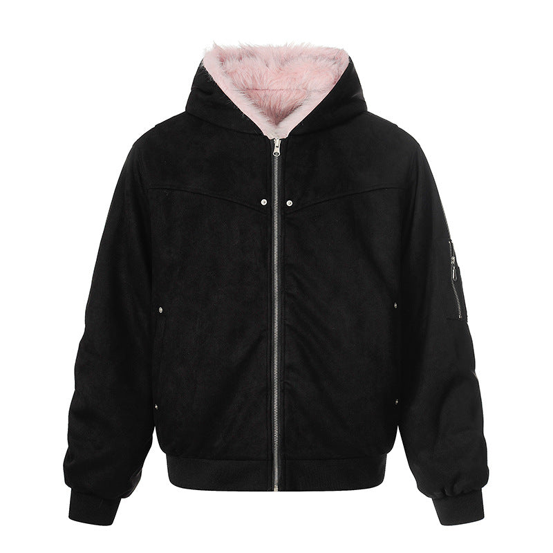 Women Padded Hooded Bomber Jacket with Faux Fur Lining, Velvet Outer Material and Zipper Chichicherry