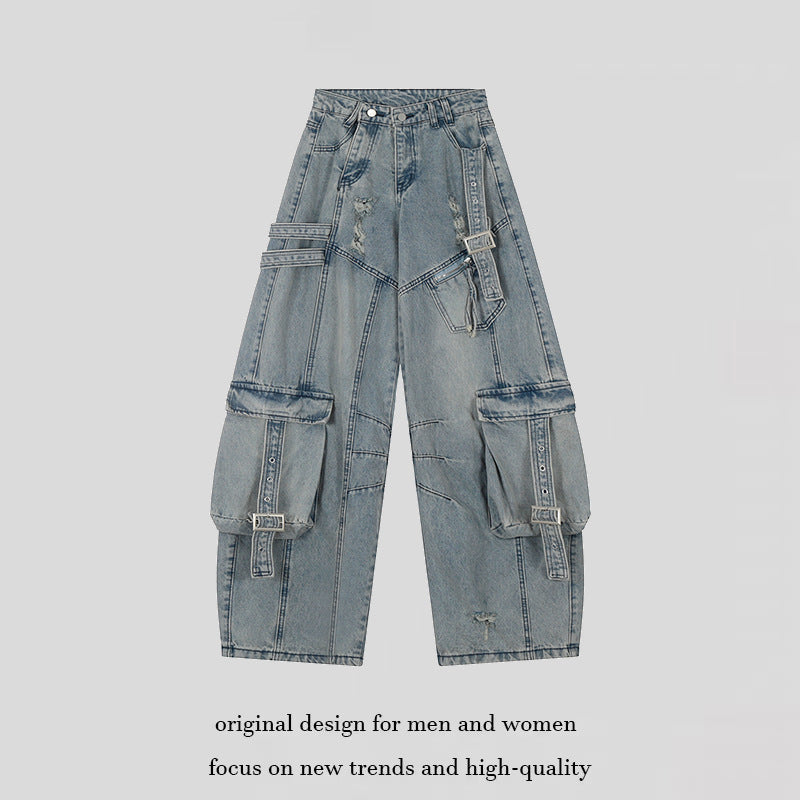 Women's wide jeans cargo culotte with tactical pockets, belt applications and used details Chichicherry