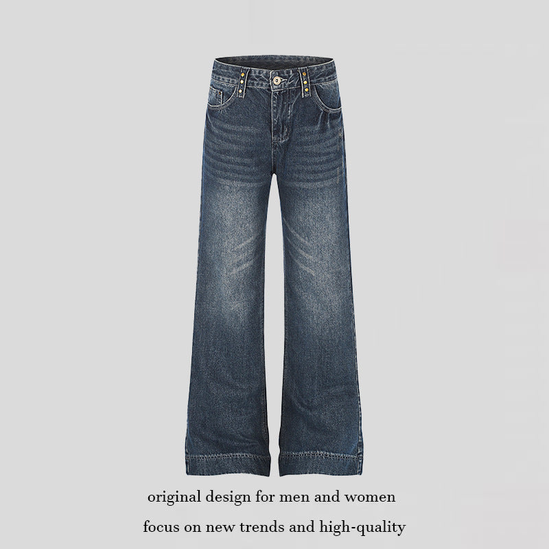 Women's Wide High-Waist Denim Palazzo Jeans with Wide Legs and Vintage Wash Chichicherry