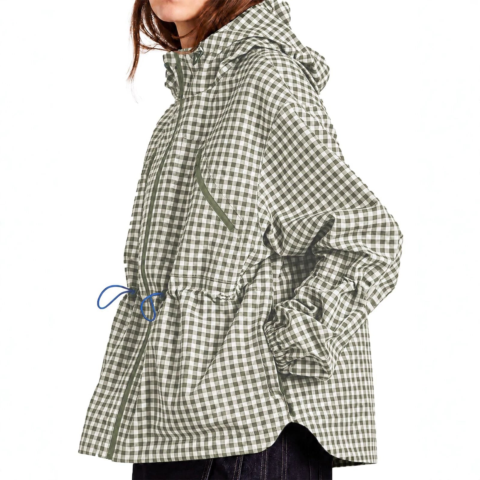 Women's Water-repellent Oversized Hooded Jacket in Check Pattern with Waist Drawstring Chichicherry